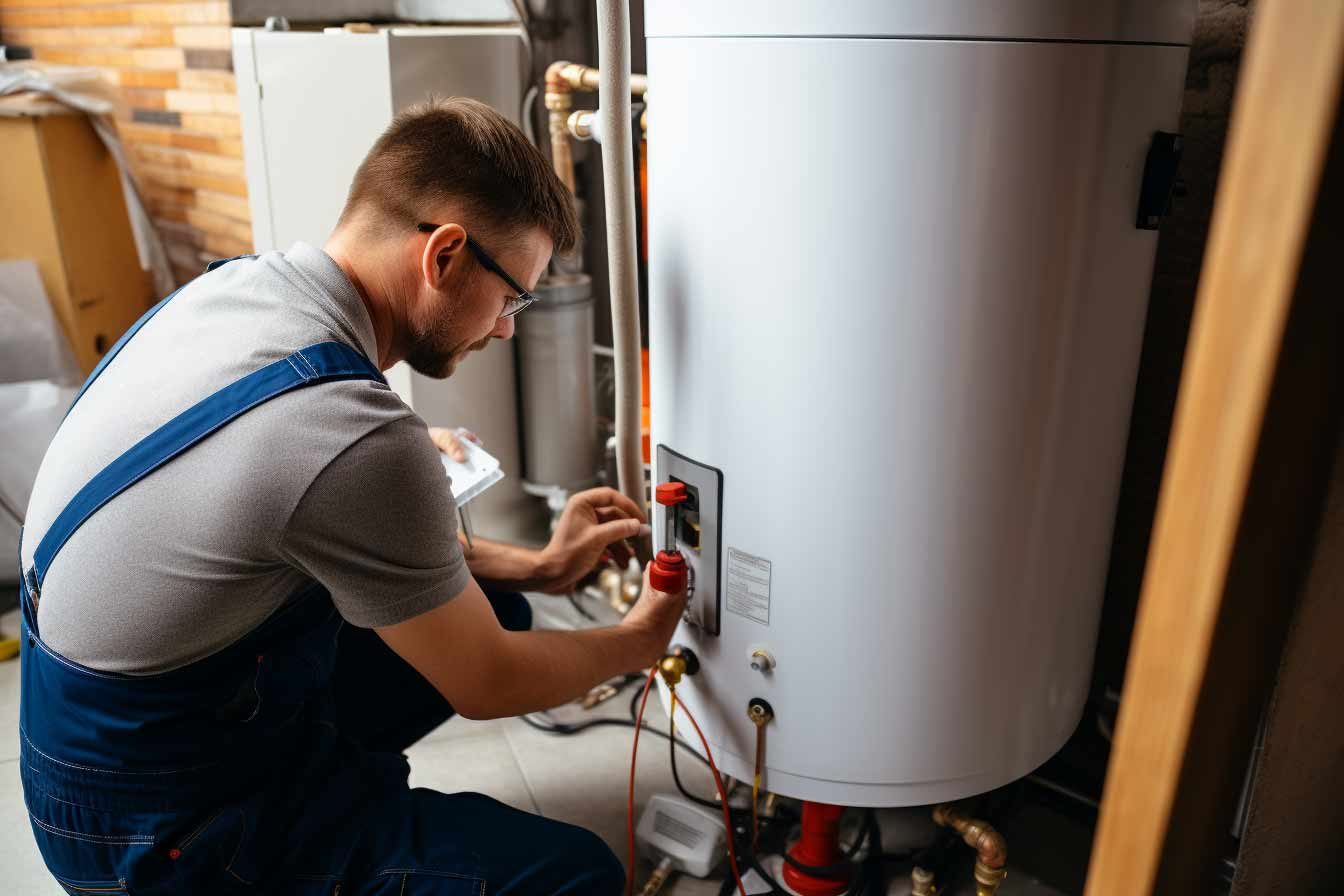 Technician diagnosing hot water tank issue